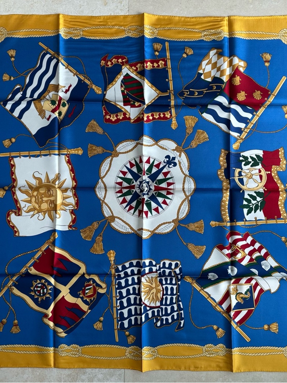 Vintage Wathne 100% Silk Blue Gold Nautical Flag Print Scarf
